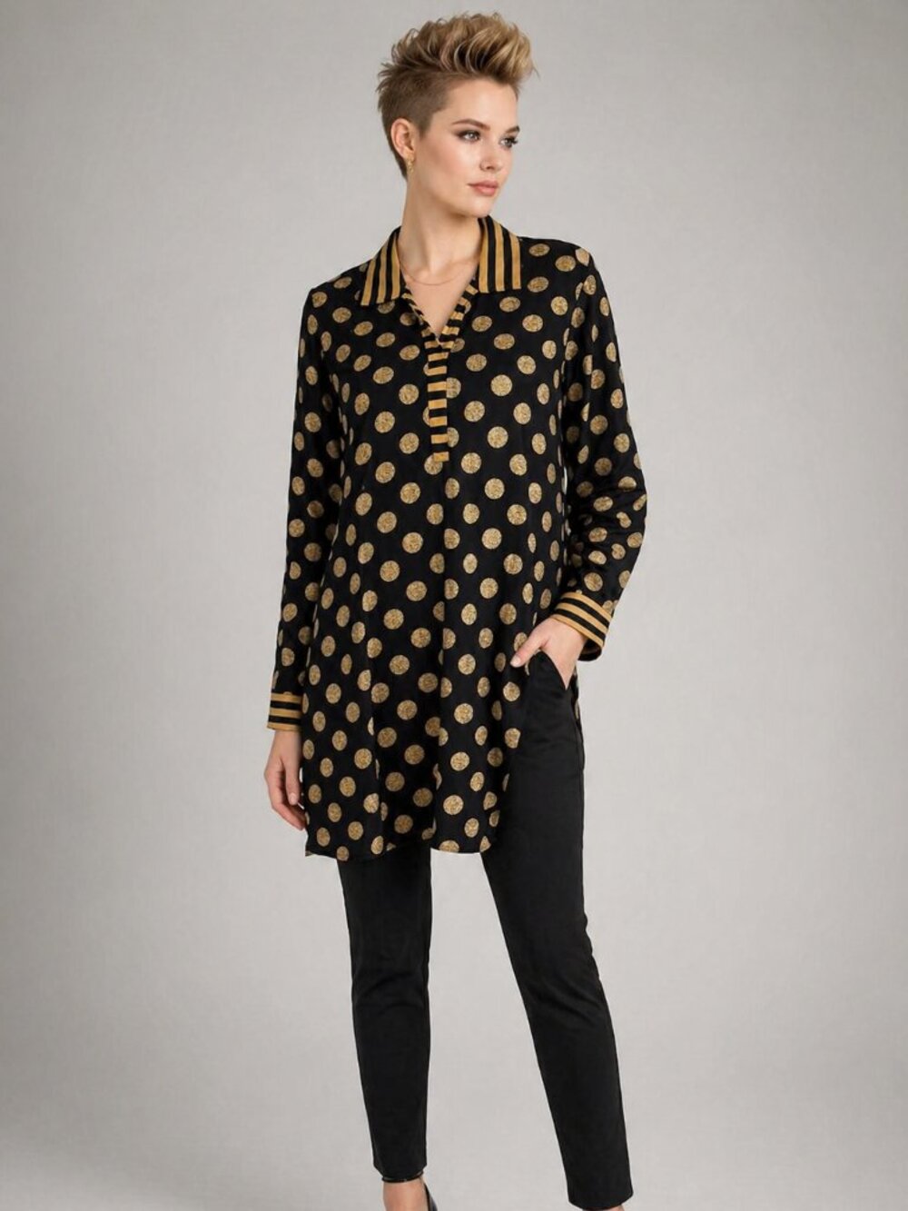 Mud Pie Black Gold Polka Dot Tunic Top L Resort Luxe Old Money Chic Blouse